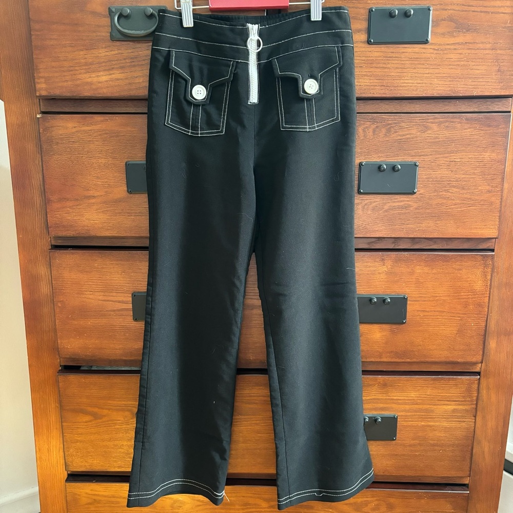 Vintage Y2K Girls Size 12 Black with White Stitch Lizzie McGuire Flare Leg Pants